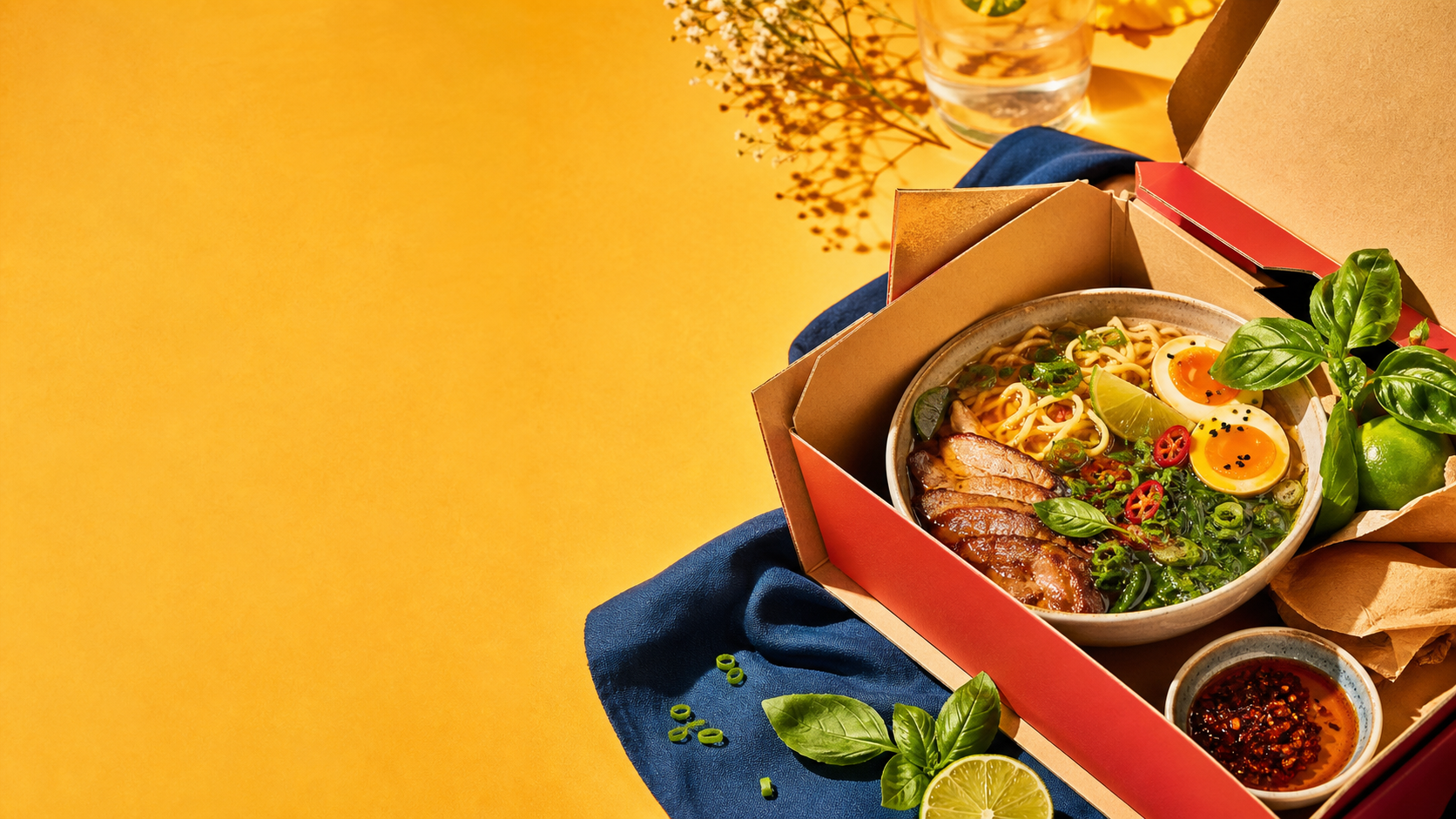 Colorful ramen and fresh ingredients in takeout packaging